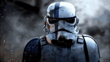 a storm trooper with a blue stripe on the helmet