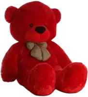 a red teddy bear with a checkered bow on its neck