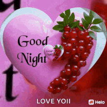 a heart shaped pillow with red berries on it and the words good night on it