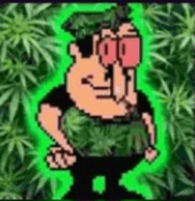 a pixel art of a man in a military uniform standing in front of a marijuana leaf background .