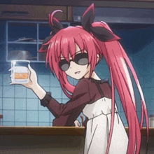 a girl with pink hair and sunglasses is holding a container in her hand