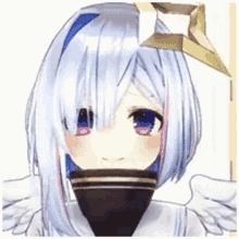 a close up of a anime girl with white hair and wings