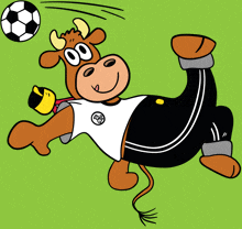 a cartoon cow is kicking a soccer ball with the number 00 on its shirt