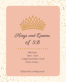 an advertisement for kings and queens of sb shows a gold crown on a pink background