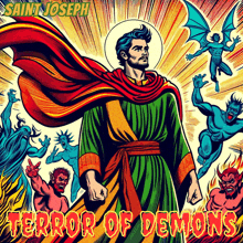 an illustration of saint joseph surrounded by demons with terror of demons written below him