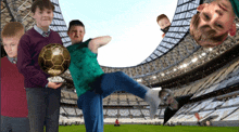 a group of boys are standing in a stadium holding soccer balls