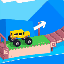 a pixel art drawing of a yellow monster truck driving over a bridge