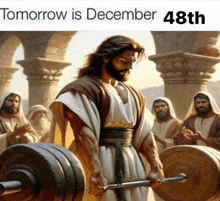 a painting of jesus lifting a barbell with the date december 48th