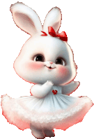 a white bunny with a red bow on her head