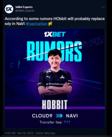 a tweet from 1xbet esports shows a picture of a man named hobbit