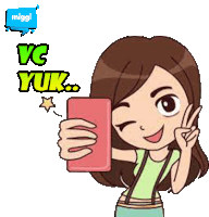 a cartoon of a girl taking a selfie with the words " vc yuk " above her