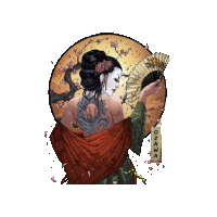 a painting of a geisha holding a fan with a sign that says ozawa