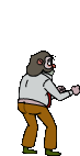 a cartoon man in a white shirt and brown pants is standing in front of a white wall .