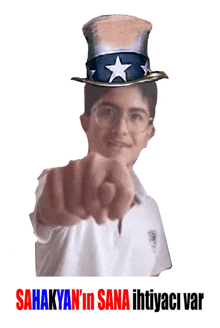 a boy wearing an uncle sam hat points at the camera with the words " sana ihtiyaci var " below him