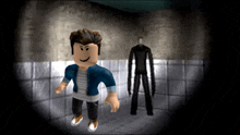 a roblox character is standing in a dark room with a shadow of a man behind him