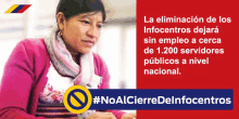 a woman in a pink sweater sits at a desk with a sign that says #noal cierre delinfocentros