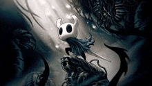 a hollow knight is standing on top of a rock holding a sword in a dark forest .