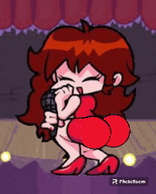 a cartoon girl is holding a microphone in her hand .