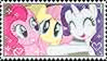 a stamp with three ponies on it , pinkie pie , fluttershy , and rarity .