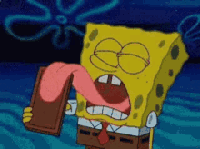 a cartoon of spongebob licking a chocolate bar with his tongue out