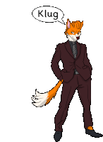 a cartoon drawing of a fox wearing a suit and tie with a speech bubble that says klug