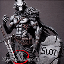 a statue of a werewolf holding a sword and shield next to a sign that reads slot