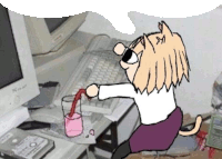 a cartoon cat is sitting at a desk with a computer and a glass of liquid .