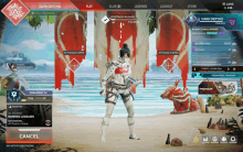 a screenshot of a video game called apex legends shows a player standing on a beach