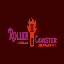 the logo for roller coaster grills and shawarma shows a spatula with flames on it .