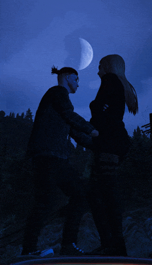 a man and a woman are dancing under a full moon