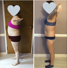 a before and after photo of a woman in a pink bra