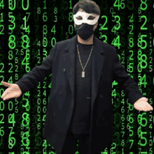 a man wearing a mask is standing in front of a green background with numbers