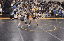 two women are wrestling on a mat in front of a crowd in a gym .