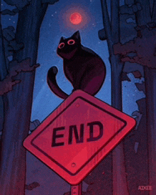 a black cat sitting on top of a red sign that says end