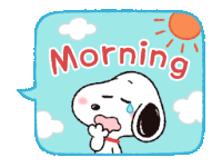 a picture of snoopy with a speech bubble saying morning