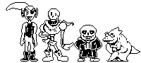 a group of undertale characters in pixel art standing next to each other .