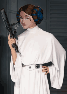 a woman in a white dress holds a gun