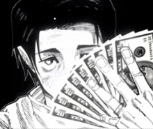 a black and white drawing of a man holding a fan of 10 dollar bills behind his face