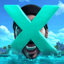 a man 's face is covered by a blue x with a city in the background