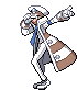 a pixel art drawing of a man in a white coat and hat pointing .