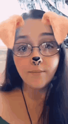 the girl is wearing glasses and has a dog ear filter on her face .