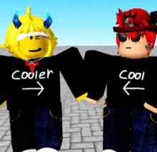 two roblox characters wearing cooler and cool shirts are holding hands