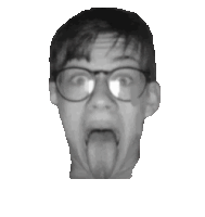 a man with glasses sticking his tongue out in a black and white photo