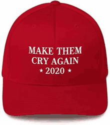 it is a red baseball cap that says `` make them cry again '' .