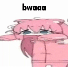 a pink cartoon character is crying and has the word bwaaa written on it .