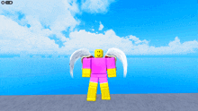 a pink and yellow robot with white wings is standing in front of a blue sky