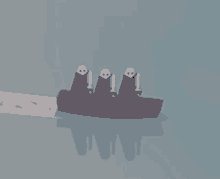 a group of ghosts in a boat with swords in the water