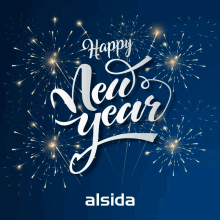 a blue background with fireworks and the words happy new year alsida