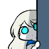 a cartoon of a girl with blue eyes peeking out from behind a wall .