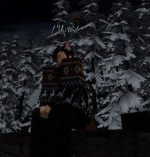 a person in a sweater stands in a snowy forest with the name / yuri / written above them